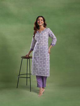 Fabindia - Women Purple Cotton Abstract Kurta with Pant