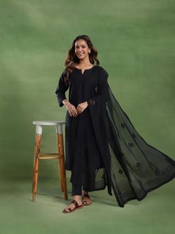 Fabindia - Women Black Cotton Silk Embroidered Kurta with Pant and Dupatta