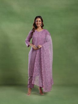 Fabindia - Women Lavender Cotton Abstract Kurta with Pant and Dupatta