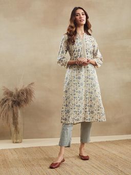 Fabindia - Women Beige Cotton Floral Kurta with Pant