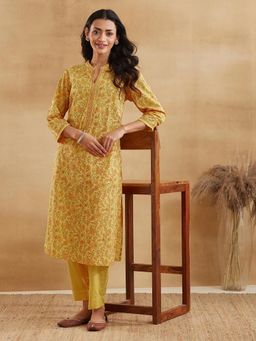 Fabindia - Women Mustard Cotton Floral Kurta with Pant