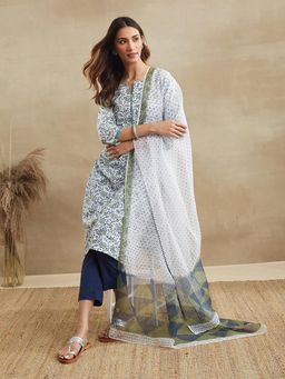 Fabindia - Women Blue Cotton Floral Kurta with Pant and Dupatta
