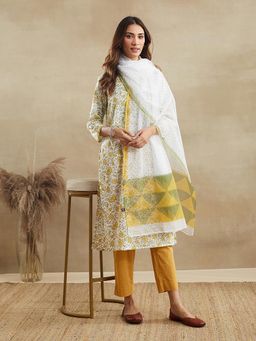 Fabindia - Women Yellow Cotton Floral Kurta with Pant and Dupatta