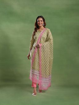 Fabindia - Women Green Cotton Floral Kurta with Pant and Dupatta