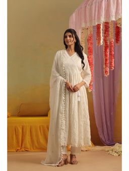 Scakhi - Off White Mulmul Sequin Embroidered Angrakha Kurta with Pant and Dupatta
