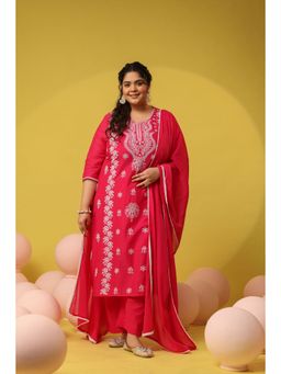 Scakhi - Fuchsia-Pink Cotton Mulmul Chikankari Embroidered Kurta with Pant and Dupatta