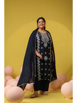 Scakhi - Navy Blue Cotton Mulmul Chikankari Embroidered Kurta with Pant and Dupatta