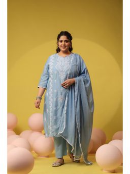 Scakhi - Powder Blue Cotton Mulmul Chikankari Embroidered Kurta with Pant and Dupatta