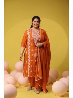 Scakhi - Rust-Orange Cotton Mulmul Chikankari Embroidered Kurta with Pant and Dupatta