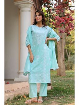 Scakhi - Aqua Cotton Mulmul Chikankari Embroidered Kurta with Pant and Dupatta