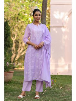 Scakhi - Lavender Cotton Mulmul Chikankari Embroidered Kurta with Pant and Dupatta