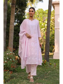 Scakhi - Pink Cotton Mulmul Chikankari Embroidered Kurta with Pant and Dupatta