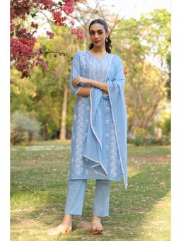 Scakhi - Powder Blue Cotton Mulmul Chikankari Embroidered Kurta with Pant and Dupatta