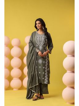 Scakhi - Sage-Green Cotton Mulmul Chikankari Embroidered Kurta with Pant and Dupatta