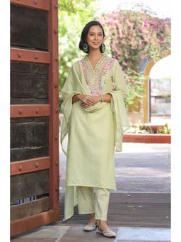 Scakhi - Lime Green Cotton Cambric Yoke Embroidered Kurta with Pant and Dupatta