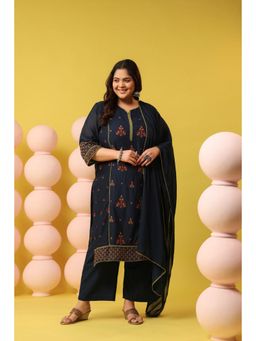 Scakhi - Navy Blue Mulmul Embroidered Straight Kurta with Pant and Dupatta