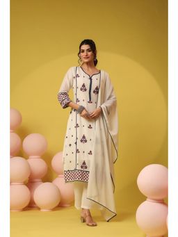 Scakhi - Off White Mulmul Embroidered Straight Kurta with Pant and Dupatta