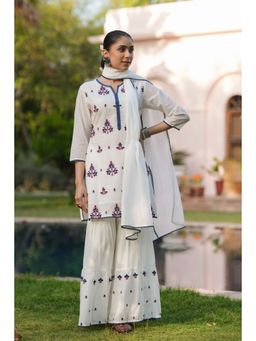 Scakhi - White Mulmul Embroidered Kurta with Sharara and Dupatta