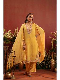 Scakhi - Yellow Mul Chanderi Floral Embroidered Kurta with Pant and Dupatta