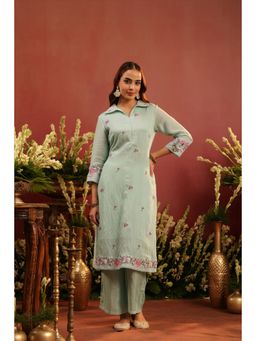 Scakhi - Sea Green Mul Chanderi Embroidered Kurta and Pant