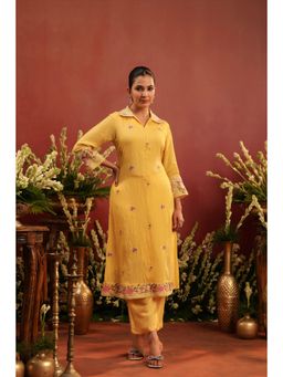 Scakhi - Yellow Mul Chanderi Embroidered Kurta and Pant