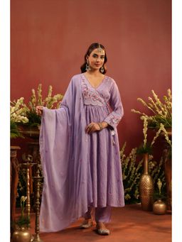 Scakhi - Lavender Mul Chanderi Embroidered Angrakha Kurta with Pant and Dupatta