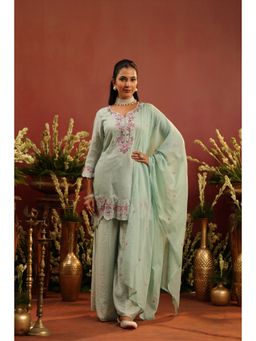 Scakhi - Sea Green Mul Chanderi Embroidered Kurta with Palazzo and Dupatta