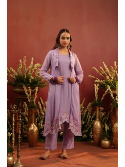 Scakhi - Lavender Organza Silk Embroidered Shrug with Kurta and Pant