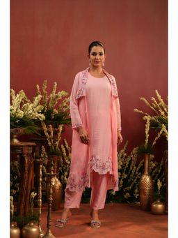 Scakhi - Pink Organza Silk Embroidered Shrug with Kurta and Pant