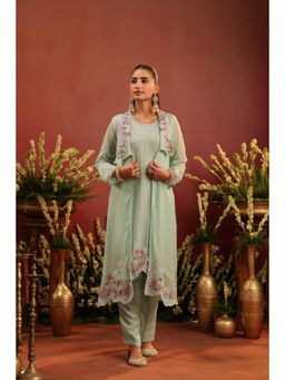 Scakhi - Sea Green Organza Silk Embroidered Shrug with Kurta and Pant