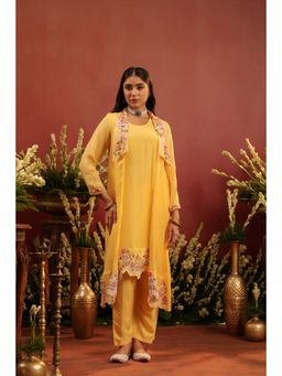 Scakhi - Yellow Organza Silk Embroidered Shrug with Kurta and Pant