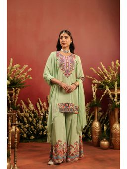 Scakhi - Pista Green Crepe Silk Printed Embroidered Kurta with Sharara and Dupatta