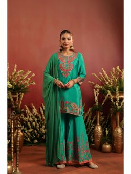 Scakhi - Green Crepe Silk Printed Embroidered Kurta with Sharara and Dupatta