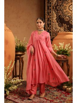 Scakhi - Pink Mul Chanderi Hand Embroidered Anarkali Kurta with Pant and Dupatta