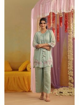 Scakhi - Pistagreen Mul Chanderi Embroidered Co-Ord Set