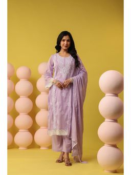 Scakhi - Lavender Mulmul Chikankari Embroidery Straight Kurta with Pant and Dupatta