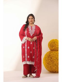 Scakhi - Brick-Red Mulmul Chikankari Embroidery Straight Kurta with Pant and Dupatta