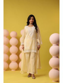 Scakhi - Buttery Yellow Mulmul Chikankari Embroidery Kurta with Palazzo and Dupatta
