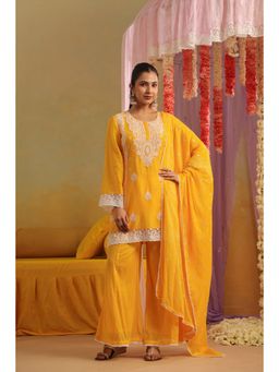 Scakhi - Mangoyellow Mulmul Chikankari Embroidery Kurta with Palazzo and Dupatta