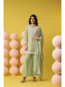 Scakhi - Pistagreen Mulmul Chikankari Embroidery Kurta with Palazzo and Dupatta