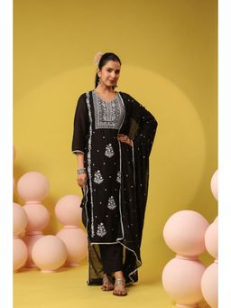 Scakhi - Black Mulmul Chikankari Embroidery Straight Kurta with Pant and Dupatta