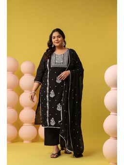 Scakhi - Black Mulmul Chikankari Embroidery Straight Kurta with Pant and Dupatta