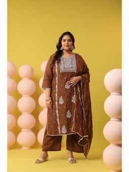 Scakhi - Brown Mulmul Chikankari Embroidery Straight Kurta with Pant and Dupatta