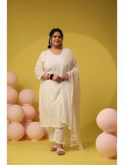 Scakhi - Off White Mulmul Chikankari Embroidery Straight Kurta with Pant and Dupatta