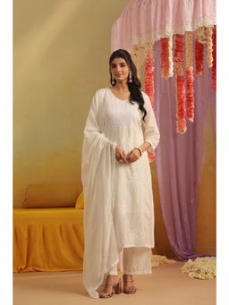 Scakhi - Off White Mulmul Chikankari Embroidery Straight Kurta with Pant and Dupatta