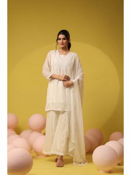 Scakhi - Off White Mulmul Chikankari Embroidery Kurta with Palazzo and Dupatta