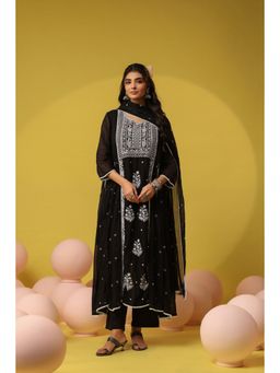 Scakhi - Black Mulmul Chikankari Embroidery Anarkali Kurta with Pant and Dupatta