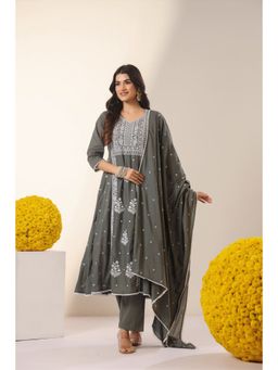 Scakhi - Sage Green Mulmul Chikankari Embroidery Anarkali Kurta with Pant and Dupatta