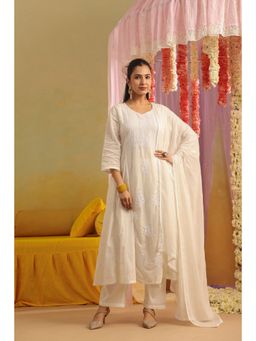 Scakhi - Off White Mulmul Chikankari Embroidery Anarkali Kurta with Pant and Dupatta