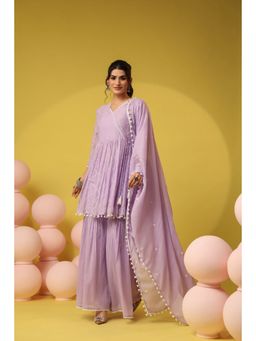 Scakhi - Lavender Mulmul Embroidered Angrakha Kurta with Sharara and Dupatta